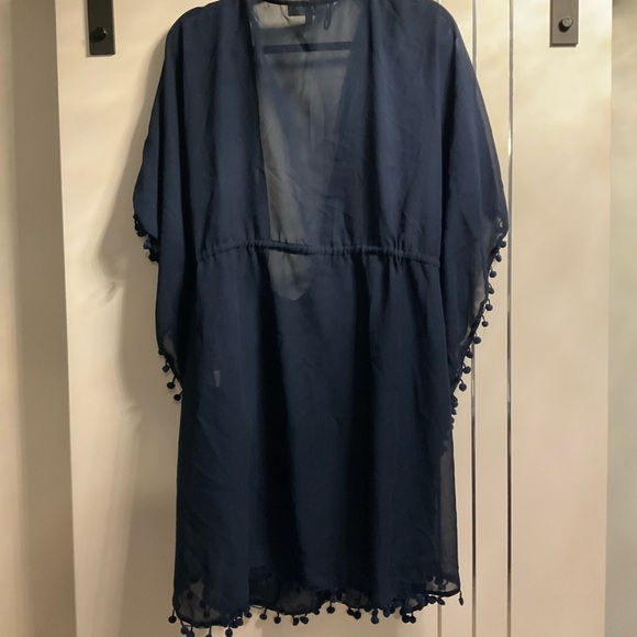 Club Collection 2X Plus Size Navy Tunic Swim Coverup with Pompom Trim - Picture 5 of 9